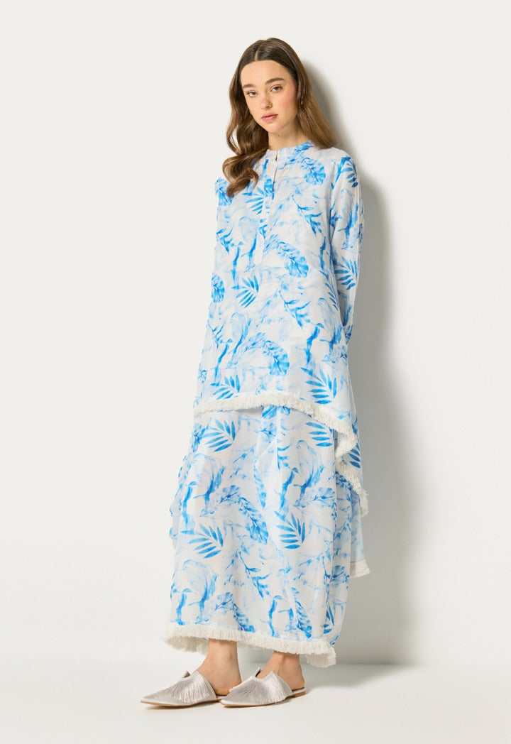 Layered Leaf Print Dress Blue