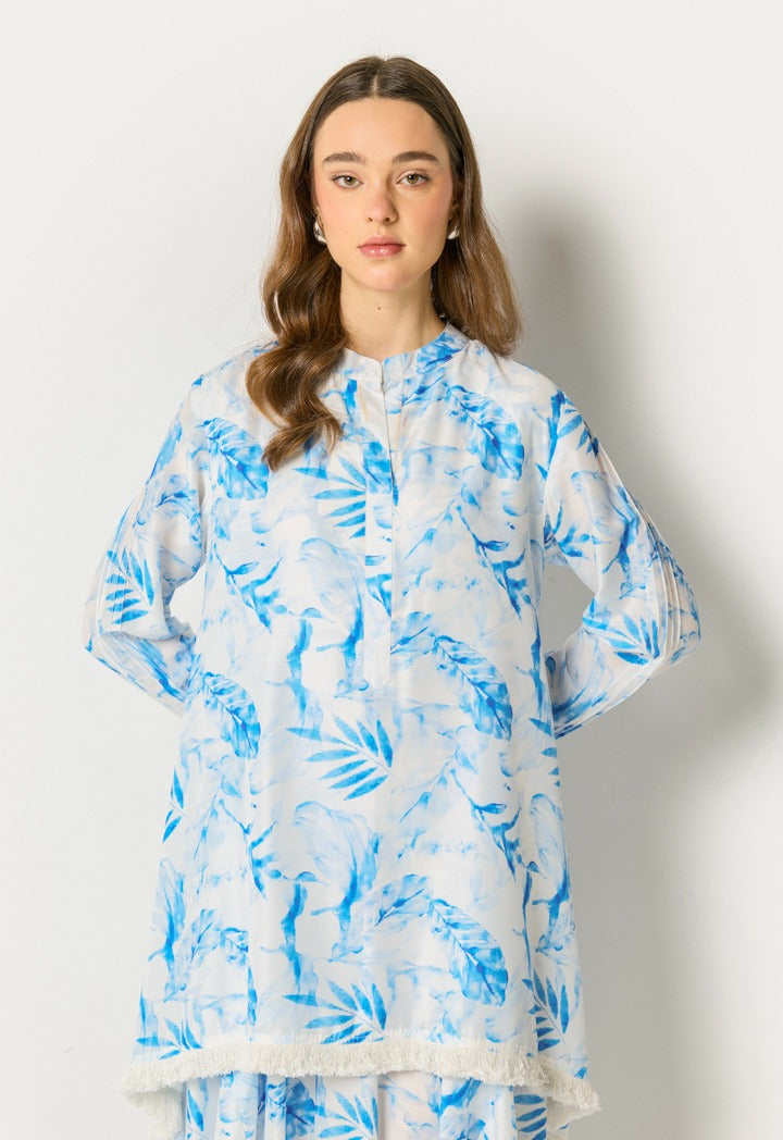 Layered Leaf Print Dress Blue