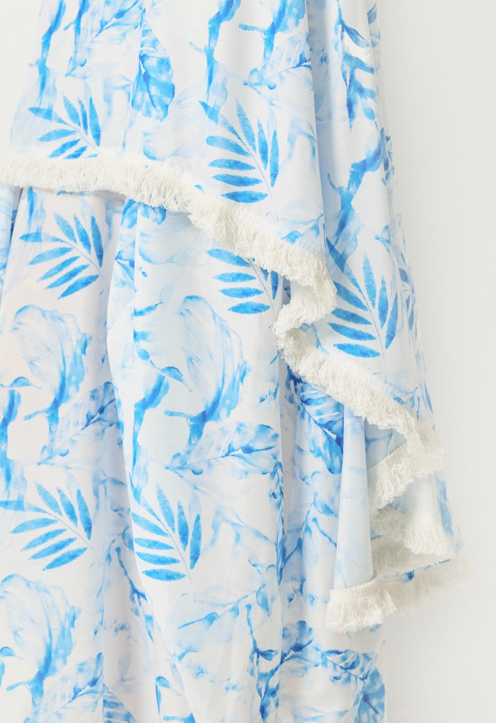 Layered Leaf Print Dress Blue