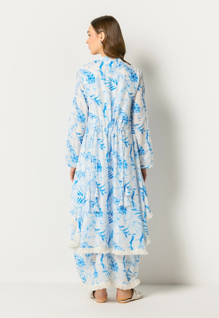 Layered Leaf Print Dress Blue