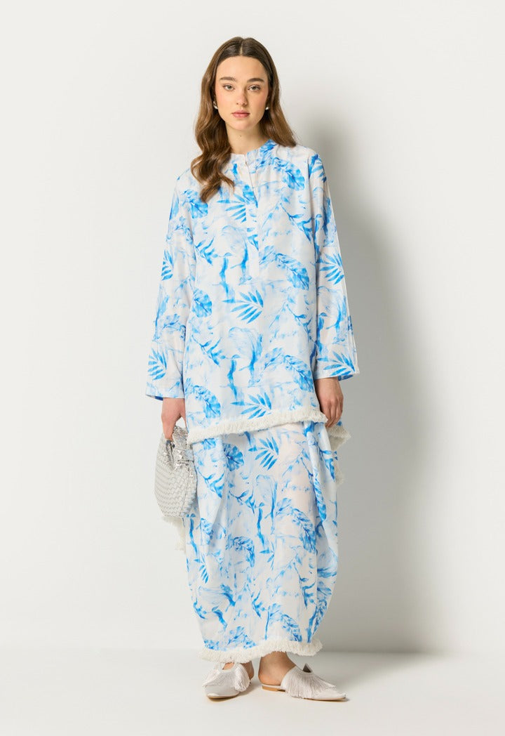 Layered Leaf Print Dress Blue