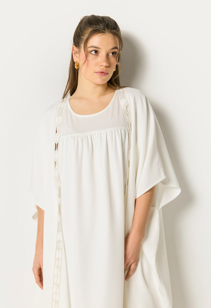 Cutwork Trim Sleeveless Abaya Set (2Pcs) Off White