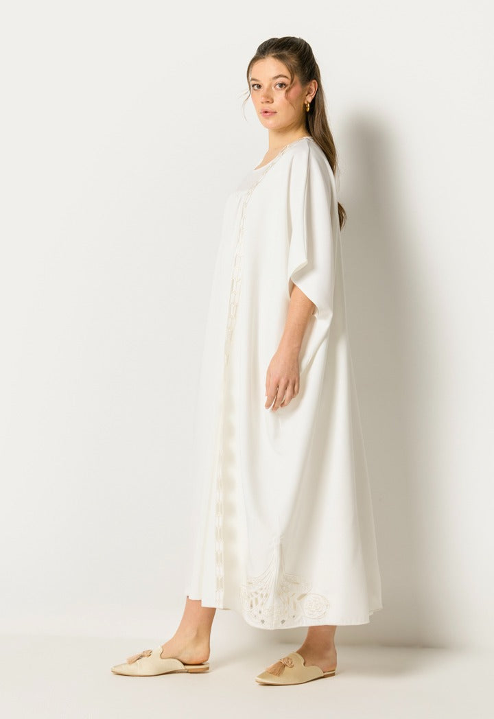 Cutwork Trim Sleeveless Abaya Set (2Pcs) Off White