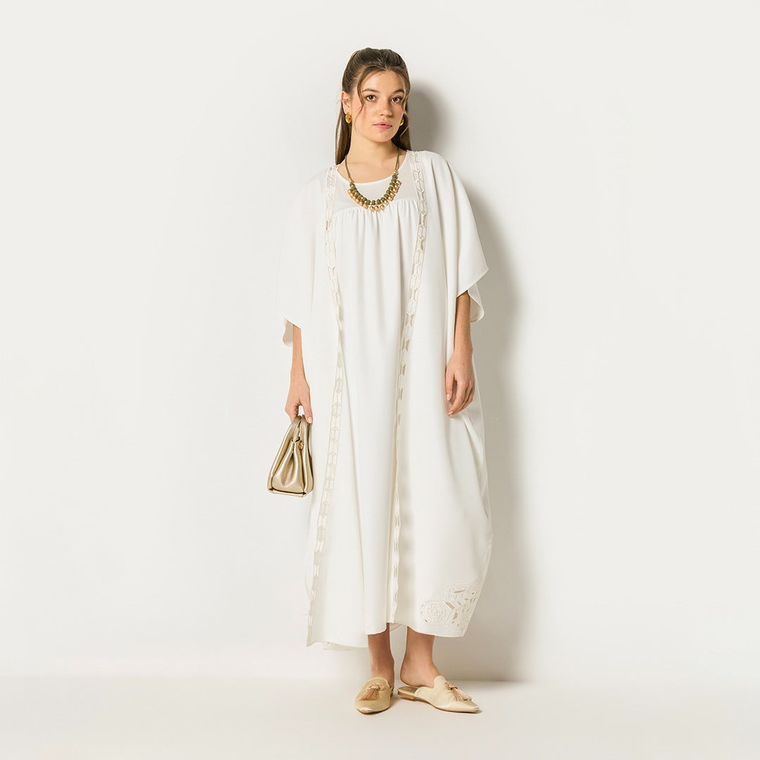 Cutwork Trim Sleeveless Abaya Set (2Pcs) Off White