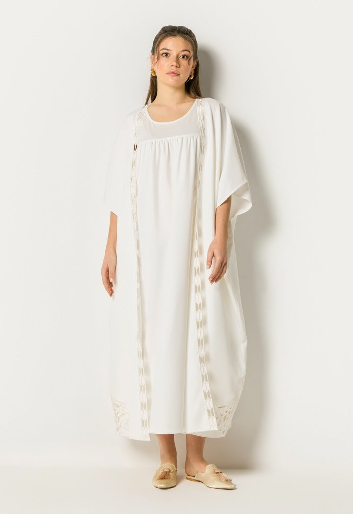 Cutwork Trim Sleeveless Abaya Set (2Pcs) Off White